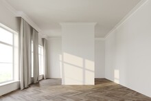 Empty Room With Wood Parquet And A Large Window, Interior Background And 3d Render, Light And Shadow On The White Wall	