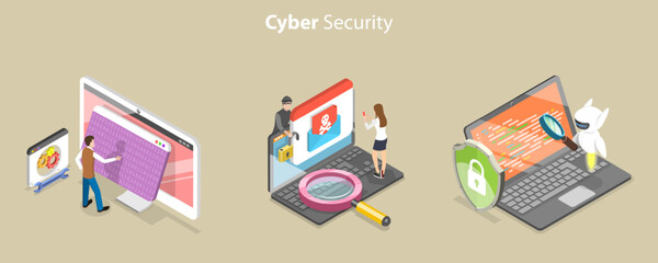 3D Isometric Flat Vector Conceptual Illustration of Cyber Security, Privacy Risks and Data Protection