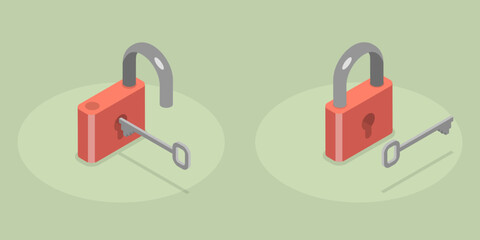 3D Isometric Flat Vector Icon of Lock With Key, Confidentiality and Security