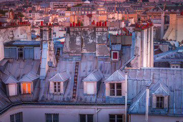 Poster - Quarter latin parisian roofs details at dramatic dawn Paris, France