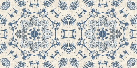 Wall Mural - French blue floral french printed fabric border pattern for shabby chic home decor trim. Rustic farm house country cottage flower linen endless tape. Patchwork quilt effect ribbon edge.