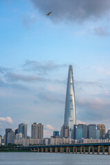 Wall Mural - Lotte World Tower skyscraper and Han River in Seoul South Korea