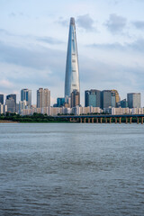 Wall Mural - Lotte World Tower skyscraper and Han River in Seoul South Korea