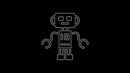 White line Robot toy icon isolated on black background. 4K Video motion graphic animation