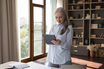 Wall Mural - Positive engaged elderly freelance business woman using online app, virtual bank service for accounting job, payment on tablet, browsing Internet, social media on digital computer, chatting