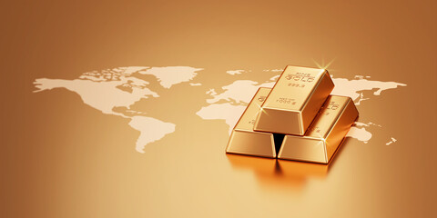 Poster - Global investment business gold bar world finance economy on wealth market 3d background with international golden currency financial or foreign exchange price and success money profit rich symbol.