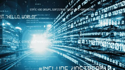 Software development, application programming code and tacit computer coding . Concept of smart digital transformation and technology disruption that changes global trends in new information era .