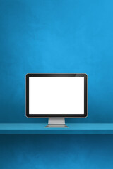 Poster - Computer pc on blue shelf. Vertical background