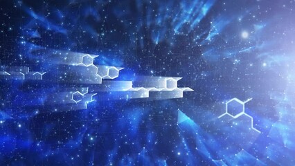 Poster - shining abstract chemical hexagon bonds molecules animation copy space blue background.