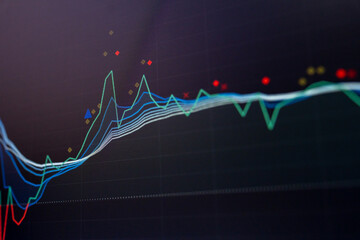 Stock market data on digital LED display. Fundamental and technical analysis with candle stick graph chart of stock market trading to represent about Bullish and Bearish point.	
