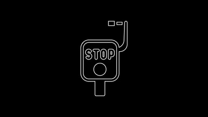 Poster - White line Emergency brake icon isolated on black background. 4K Video motion graphic animation