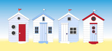 A row of beach huts against blue sky and sand. Eps10 vector format.