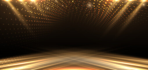 elegant golden stage diagonal glowing with lighting effect sparkle on black background. template pre