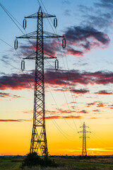 Wall Mural - Detail of electric pole with electric cables at sunset