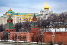 Towers Of The Moscow Kremlin Against The Background Of The Grand Kremlin Palace In Moscow In Winter