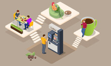 Isometric Coffee Time Concept. Self-service Coffee Machines Offer Consistent Quality Coffee. Vending Machine With Coffee In The Supermarket.