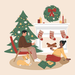 Family near the Christmas tree and fireplace and corgi dog. Pregnant woman and man to celebrate xmas or New Year. Hand drawn color vector illustration isolated on light background. Flat cartoon style