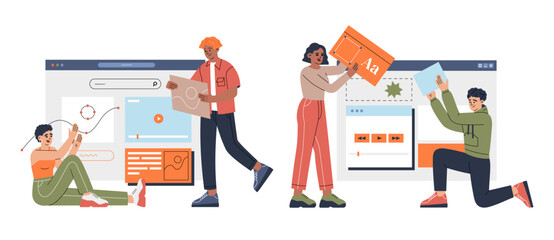 Group men and women engaged in design user interface. UI, UX designers develop websites and mobile apps. Hand drawn color vector illustration isolated on light background, trendy flat cartoon style