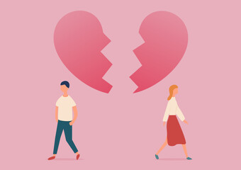 a couple walk away due to breakup under a heart is breaking, end of relationship concept illustration