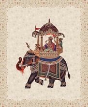 Traditional Mughal Wedding Procession Motif Frame. Art Prints Wallpaper In Multicolored Shades Effect Texture Illustration. Queen Rejoicing Her Elephant Ride Hand Painted