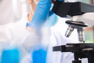 Wall Mural - scientist analyzing microscope slide at laboratory. young woman technician is examining a histologic