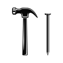 Claw Hammer And Nail, Carpenters Hammer And Metal Nail Vector Illustration