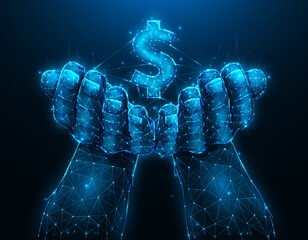 Hands holding dollar symbol polygonal vector illustration on dark blue background. Concept of investing or saving money. Business and finance template, banner or background.