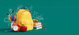Fototapeta  - Yellow backpack with alarm clock and school equipment. Back to school concept on green background 3D Rendering, 3D Illustration	