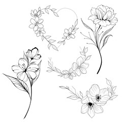 Wall Mural - Big set Beautiful sketch of a tattoo - a delicate twig with flowers . Flowers Periwinkle. Hand drawing. Outline. On a white background