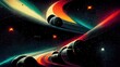 © Fortis Design - Retro futuristic, space wallpaper. 4K vintage background, colorful vintage abstract galaxy illustration. Colorful planets, spaceships flying through the galaxy.