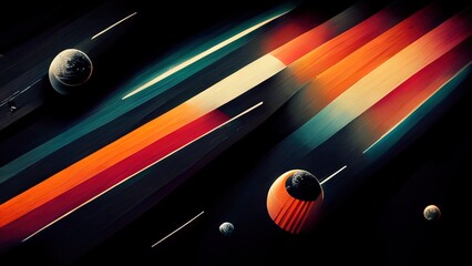 Retro futuristic, space wallpaper. 4K vintage background, colorful vintage abstract galaxy illustration. Colorful planets, spaceships flying through the galaxy. 