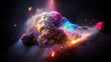 Space Nebula, 4k colorful abstract background image, 3d illustration, 3d render space, surreal explosion, colorful stars and asteroids particles, surreal nebulae
