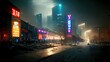 © Fortis Design - Cyberpunk japanese streets, asian street illustration, futuristic city, dystoptic artwork at night, 4k wallpaper. Rain foggy, moody empty future.