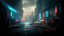 Cyberpunk Streets Illustration, Futuristic City, Dystoptic Artwork At Night, 4k Wallpaper. Rain Foggy, Moody Empty Future. Evil Buildings