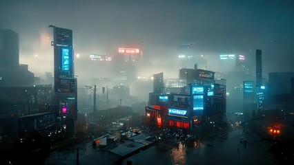 Canvas Print - Cyberpunk streets illustration, futuristic city, dystoptic artwork at night, 4k wallpaper. Rain foggy, moody empty future. Evil buildings