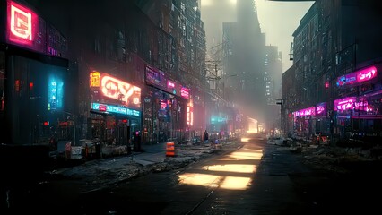 Wall Mural - cyberpunk streets illustration, futuristic city, dystoptic artwork at night, 4k wallpaper. rain fogg