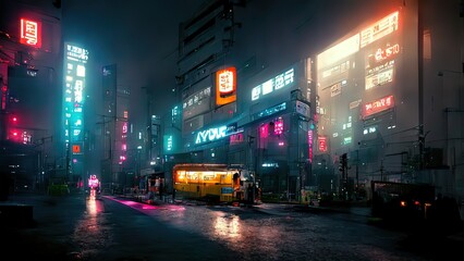 Wall Mural - cyberpunk streets illustration, futuristic city, dystoptic artwork at night, 4k wallpaper. rain fogg