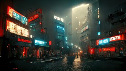 Canvas Print - Cyberpunk streets illustration, futuristic city, dystoptic artwork at night, 4k wallpaper. Rain foggy, moody empty future