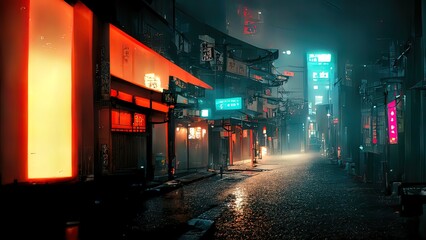 Wall Mural - cyberpunk japanese streets, asian street illustration, futuristic city, dystoptic artwork at night, 
