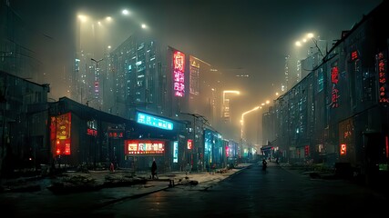 Wall Mural - cyberpunk japanese streets, asian street illustration, futuristic city, dystoptic artwork at night, 