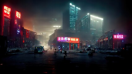 Canvas Print - Cyberpunk japanese streets, asian street illustration, futuristic city, dystoptic artwork at night, 4k wallpaper. Rain foggy, moody empty future.