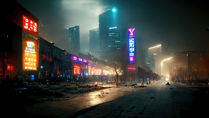Wall Mural - cyberpunk japanese streets, asian street illustration, futuristic city, dystoptic artwork at night, 