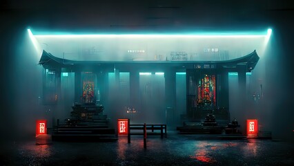 cyberpunk temple, japanese abstract illustration, futuristic city, dystoptic artwork at night, 4k wa