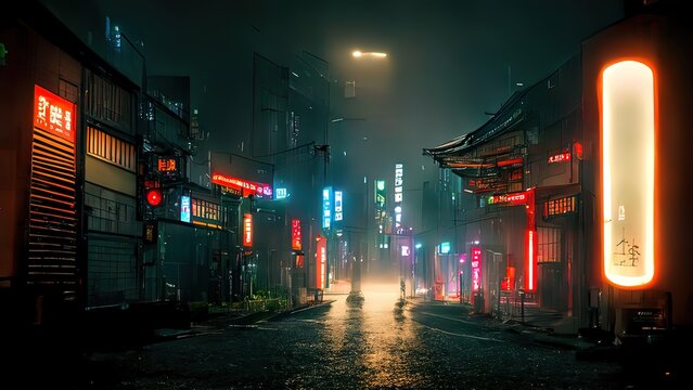 Wall Mural -  - Cyberpunk japanese streets, asian street illustration, futuristic city, dystoptic artwork at night, 4k wallpaper. Rain foggy, moody empty future.
