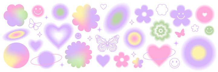 Wall Mural - Y2k blurred gragient set. Butterfly, heart, daisy, flower, abstract geometric shape in trendy 90s, 00s psychedelic style. Holographic vector illustrations, elements and signs.