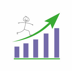 Wall Mural - the market is growing, the business is developing, the stick man is very happy. It runs forward and up on a chart that illustrates good growth results.