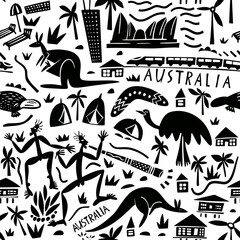 Vector hand drawn Australia seamless pattern. Travel illustration with Australian landmarks, food, plants, buildings, animals.