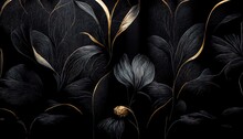 Black And Gold, Luxury Background, Floral Shapes, Black Silk Texture With Golden Motifs, 4k Abstract Luxurious Design, 3D Render, 3D Illustration