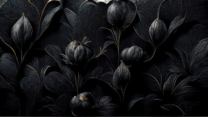 Wall Mural - Black and gold, luxury background, floral shapes, black silk texture with golden motifs, 4k abstract luxurious design, 3D render, 3D illustration