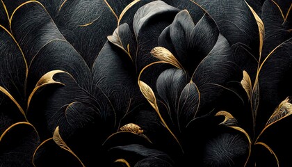 Wall Mural - Black and gold, luxury background, floral shapes, black silk texture with golden motifs, 4k abstract luxurious design, 3D render, 3D illustration